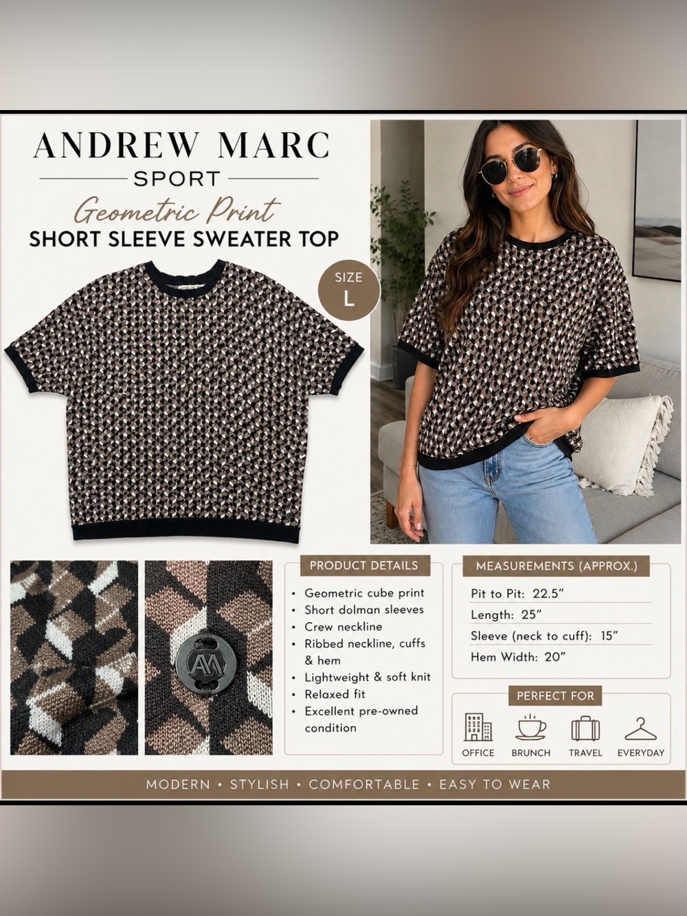 Andrew Marc Sport Geometric Print Short Sleeve Sweater – Women’s Large